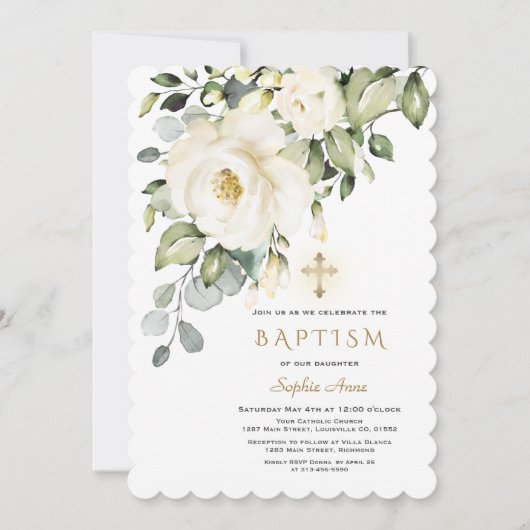 Delicate White Flowers Gold Cross Girl Baptisme Kaart (Voorkant)