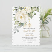 Delicate White Flowers Gold Cross Girl Baptisme Kaart (Staand voorkant)