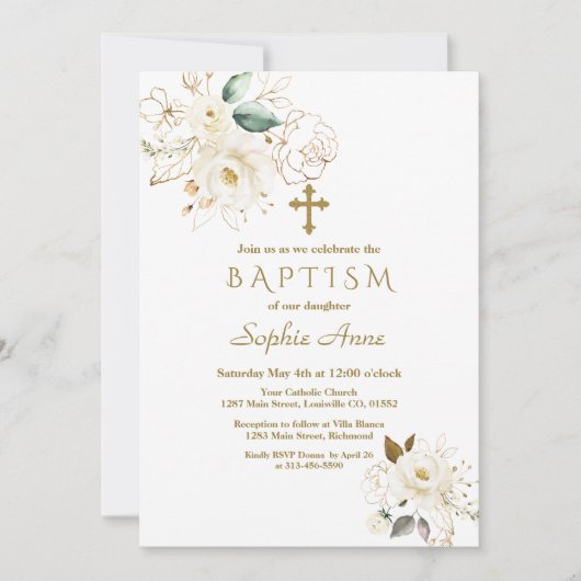 Delicate White Gold Floral Cross Girl Baptisme Kaart (Voorkant)