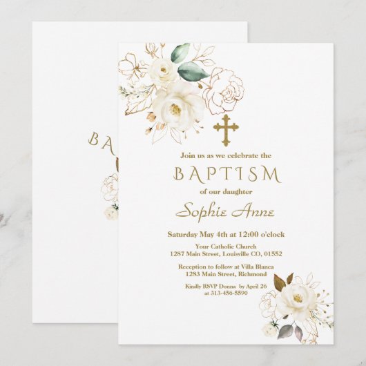 Delicate White Gold Floral Cross Girl Baptisme Kaart (Voorkant / Achterkant)