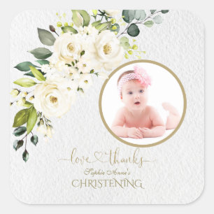 Delicate White Ivory Floral Girl Foto Christening Vierkante Sticker