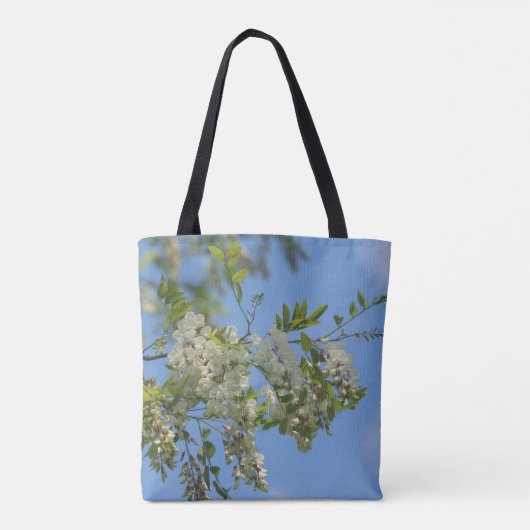 Delicate White Locust Flower Blossom Blue Sky Tote Bag (Achterkant)
