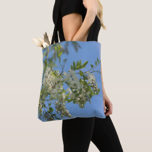 Delicate White Locust Flower Blossom Blue Sky Tote Bag