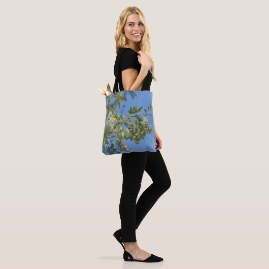 Delicate White Locust Flower Blossom Blue Sky Tote Bag (Op model)