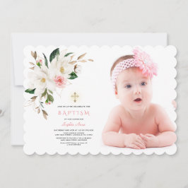 Delicate White Magnolia Photo Girl Baptisme Kaart