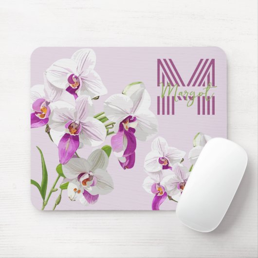 Delicate White Orchids Monogram Mousepad Muismat (Met muis)