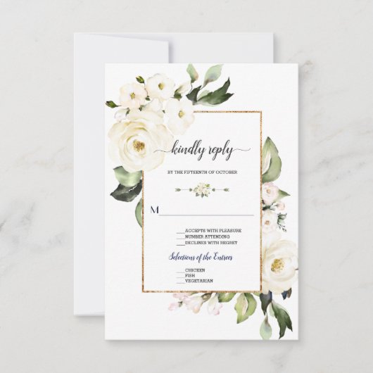 Delicate White Roses Gold Lijst Wedding RSVP Kaartje (Voorkant)