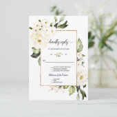 Delicate White Roses Gold Lijst Wedding RSVP Kaartje (Staand voorkant)