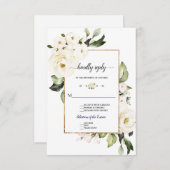 Delicate White Roses Gold Lijst Wedding RSVP Kaartje (Voorkant / Achterkant)
