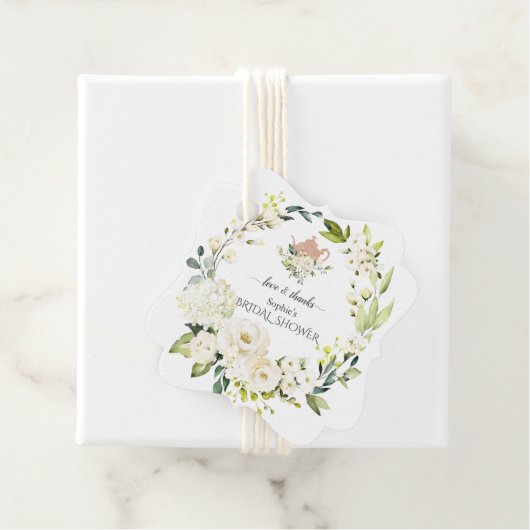 Delicate White Roses Hydrangea Bridal Tea Party Bedankjes Labels (In situ)