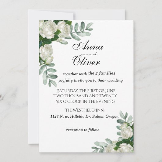 Delicate White Roses Wedding Invitation Kaart (Voorkant)