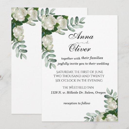 Delicate White Roses Wedding Invitation Kaart (Voorkant / Achterkant)