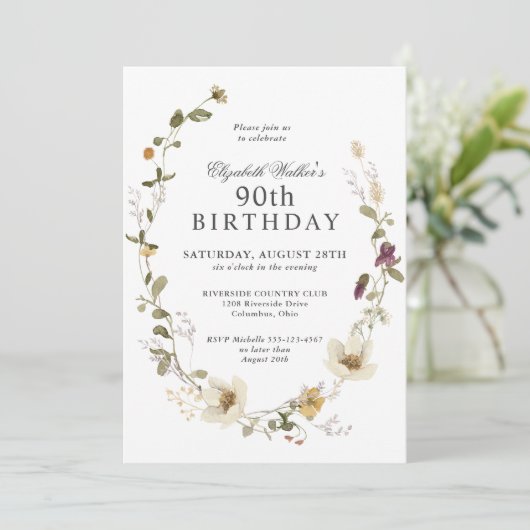 Delicate Wildbloemen Vrouwelijk 90e Verjaardagsfee Kaart (Staand voorkant)