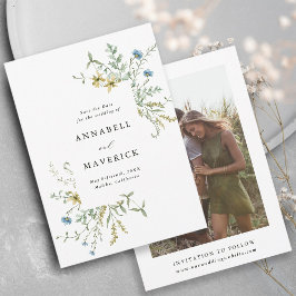Delicate wilde bloem moderne boho-huwelijksfoto save the date