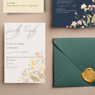 Delicate Wilde Bloemen Bleke Kleuren Maaltijd RSVP Kaartje