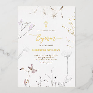 delicate wilde bloemen Doop Folie Uitnodiging