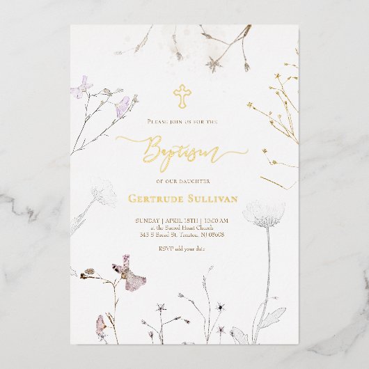 delicate wilde bloemen Doop Folie Uitnodiging (Voorkant)