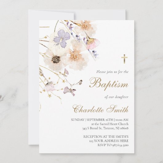 delicate wilde bloemen doop uitnodiging (Voorkant)