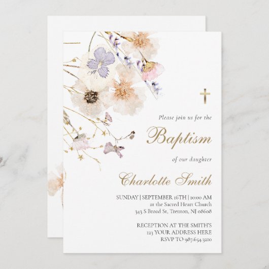 delicate wilde bloemen doop uitnodiging (Voorkant / Achterkant)