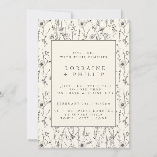 Delicate wilde bloemen naadloos patroon bruiloft kaart (Voorkant)