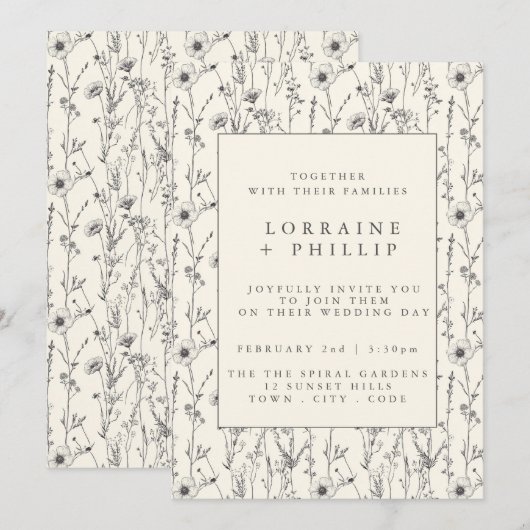 Delicate wilde bloemen naadloos patroon bruiloft kaart (Voorkant / Achterkant)