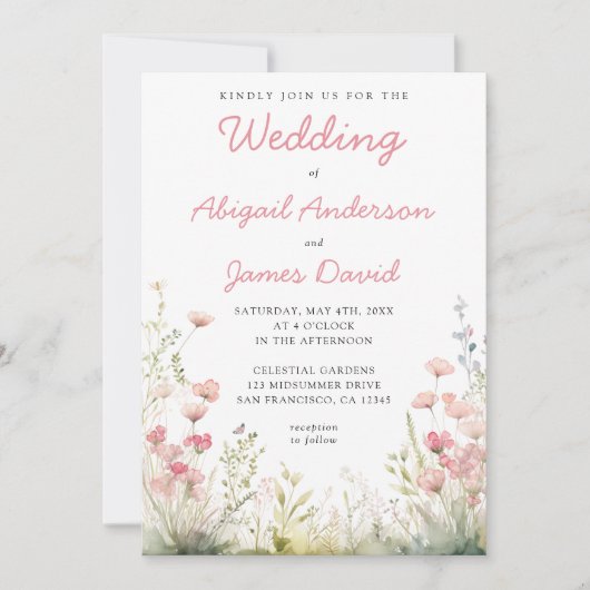 Delicate Wildebloem Bruiloft Kaart (Voorkant)