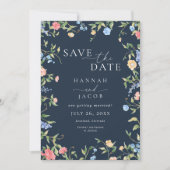 Delicate Wildebloem Navy Blauwe Bloem Foto Bruilof Save The Date (Voorkant)