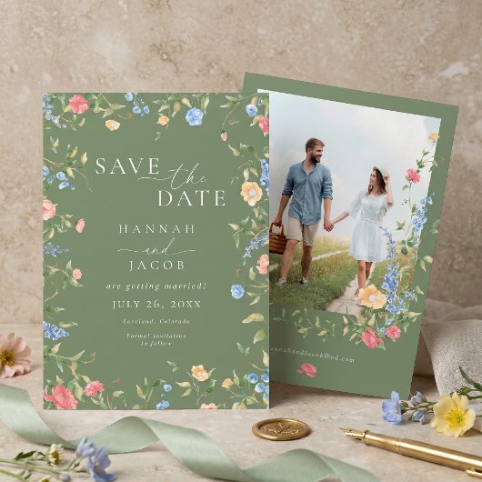 Delicate Wildebloem Salie Groene Foto Bruiloft Save The Date