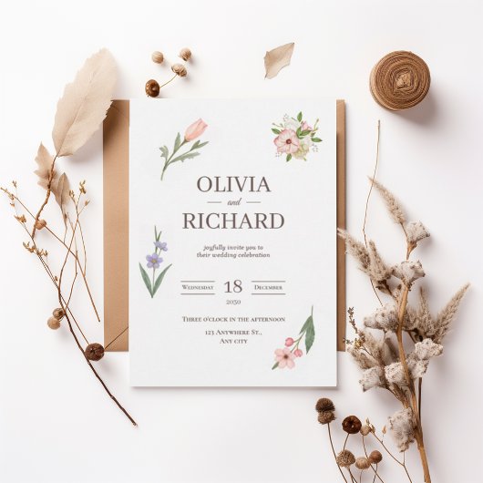 Delicate Wildflower Botanical Wedding Invitation Kaart