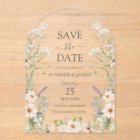 Delicate Wildflower Floral Wedding Save the Date Acryl Uitnodigingen (Voorkant)