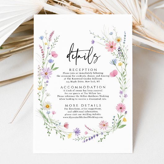Delicate Wildflower Garden Wedding Details Informatiekaartje