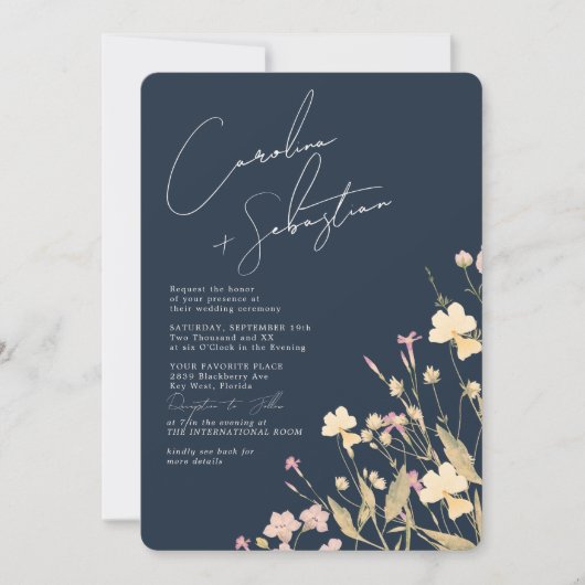 Delicate Wildflower Marine RSVP QR Code Bruiloft Kaart (Voorkant)