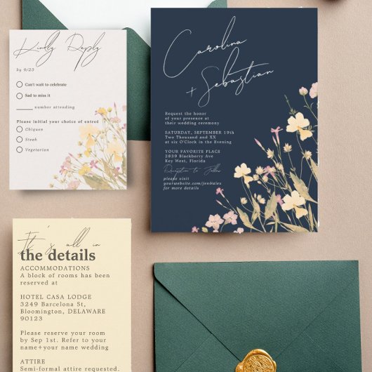 Delicate Wildflower Marine RSVP QR Code Bruiloft Kaart