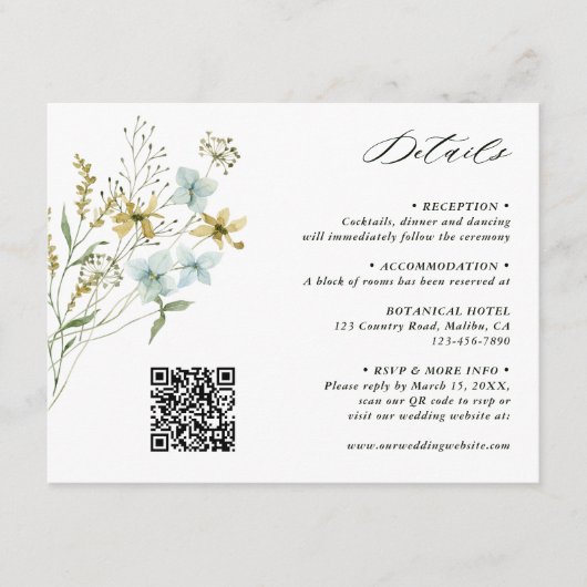 Delicate Wildflower Modern Boho bruiloft details Informatiekaartje (Voorkant)