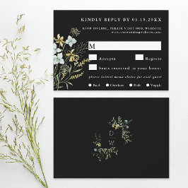 Delicate Wildflower Modern Boho Bruiloft Zwart RSVP Kaartje