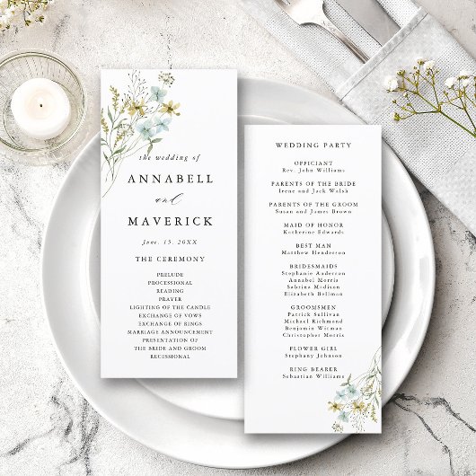 Delicate Wildflower Moderne Boho Trouwceremonie Programmakaart