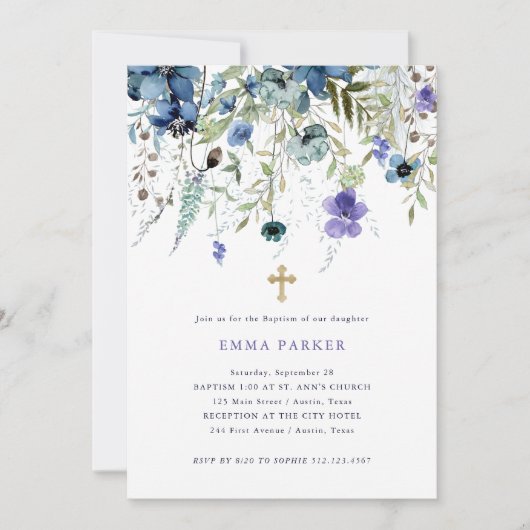 Delicate Wildflowers | Paarse en blauwe doop Kaart (Voorkant)