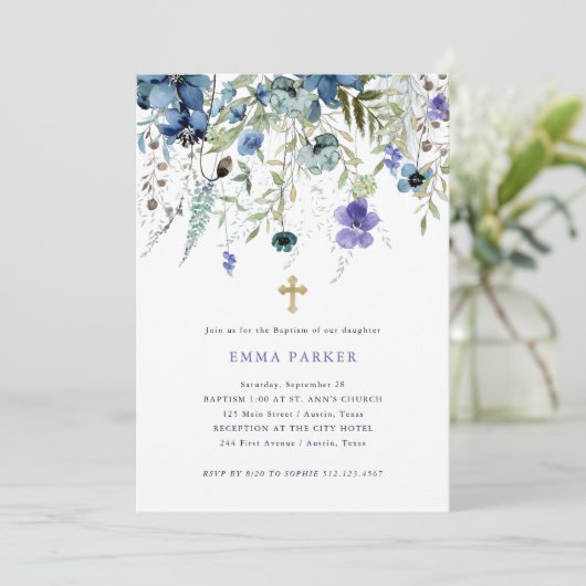 Delicate Wildflowers | Paarse en blauwe doop Kaart (Staand voorkant)