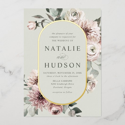 Delicate Winter Bloemen Lijst Sage Groene Bruiloft Folie Uitnodiging (Voorkant)