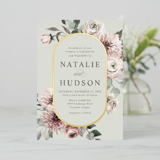 Delicate Winter Bloemen Lijst Sage Groene Bruiloft Folie Uitnodiging (Staand Voorkant)