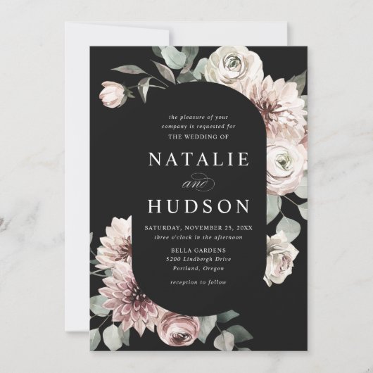 Delicate Winter Bloemen Lijst Zwart Bruiloft Kaart (Voorkant)