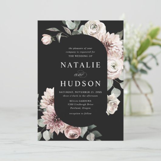 Delicate Winter Bloemen Lijst Zwart Bruiloft Kaart (Staand voorkant)