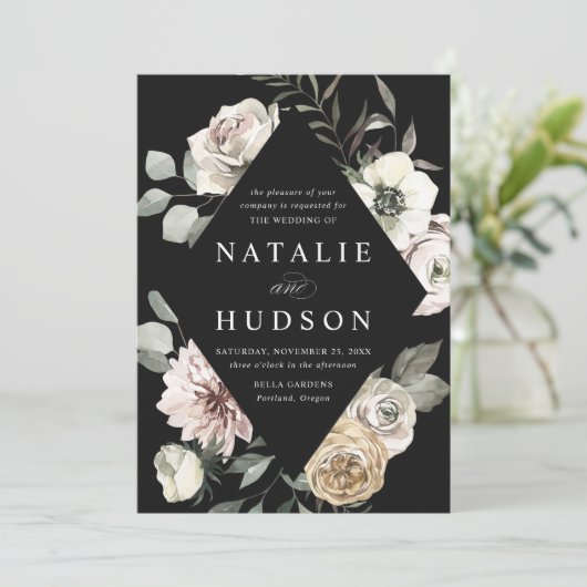 Delicate Winter Bloemen Lijst Zwart Bruiloft Kaart (Staand voorkant)