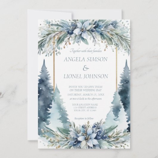 Delicate Winter Bloemen Pine Trees bruiloft Kaart (Voorkant)