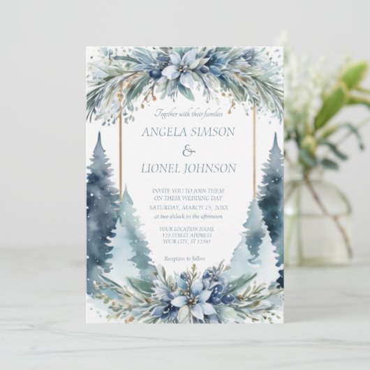 Delicate Winter Bloemen Pine Trees bruiloft Kaart (Staand voorkant)