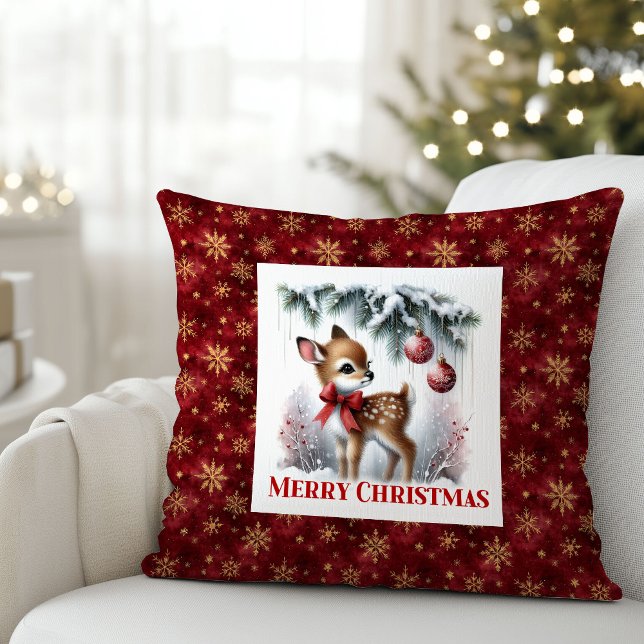 Delicate winterscène baby hert Kerstkussen  Kussen (Delicate winter scene baby fawn Christmas pillow (51))