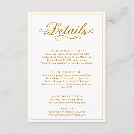 Delicate wit en goud script eenvoudige bruiloft informatiekaartje (Voorkant)