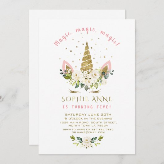 Delicate Witte Bloem Gouden Eenhoorn Meisje Verjaa Kaart (Voorkant / Achterkant)