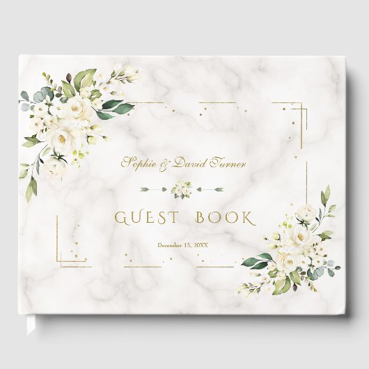 Delicate Witte Bloem Gouden Glitter Frame Trouw Gastenboek (Voorkant)