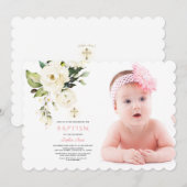 Delicate Witte Bloemen Foto Meisje Gouden Doop Kaart (Voorkant / Achterkant)